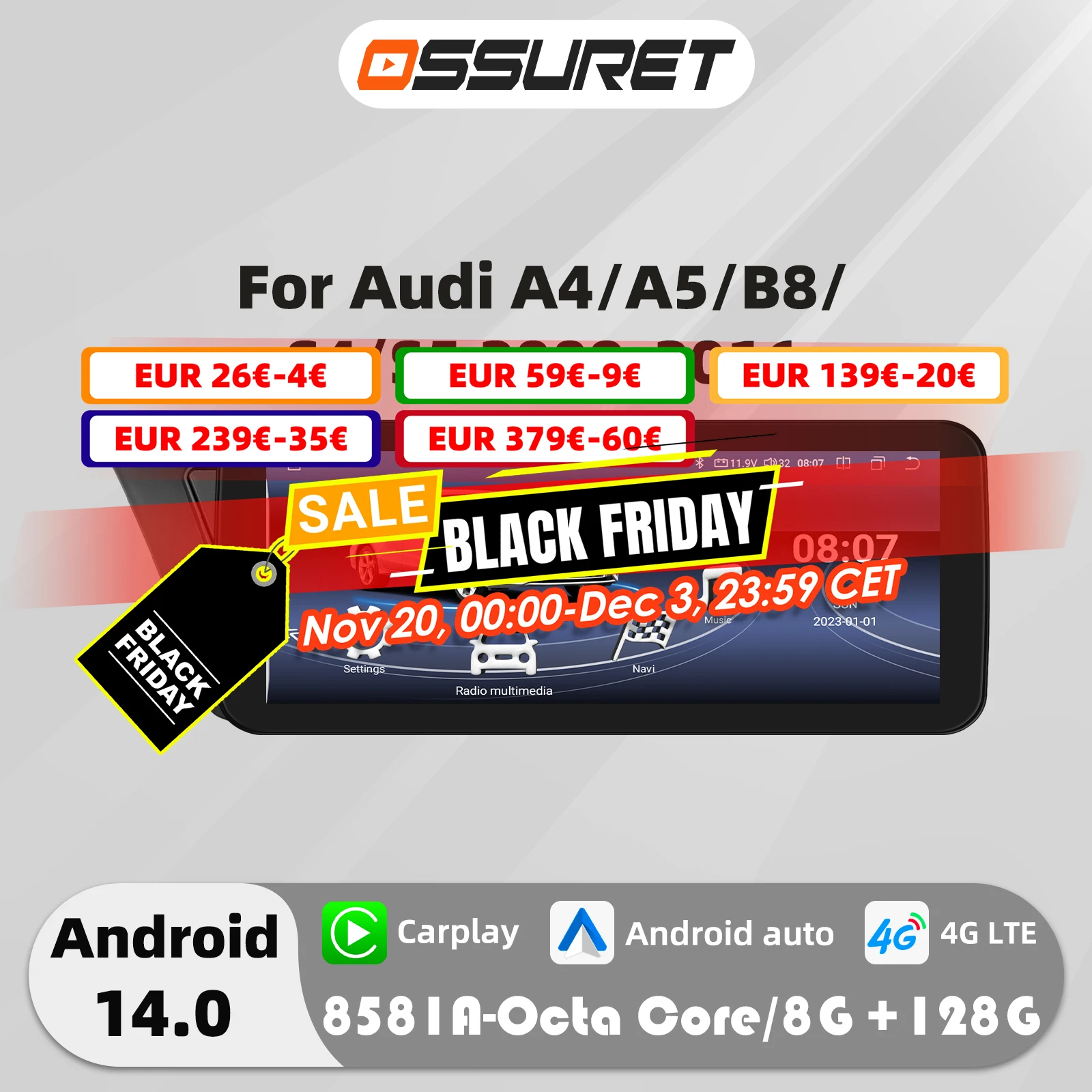 10.25"Android 12 Auto Car radio For Audi A4 A5 B8 S4 S5 2009-2016 Multimedia Video player 4G Carplay GPS navi Stereo QLED Screen