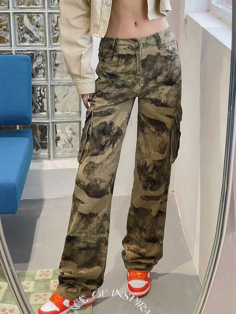 Pantalones vaqueros con estampado de camuflaje para mujer, pantalón militar, Cargo, holgado, recto, de cintura baja| | - AliExpress