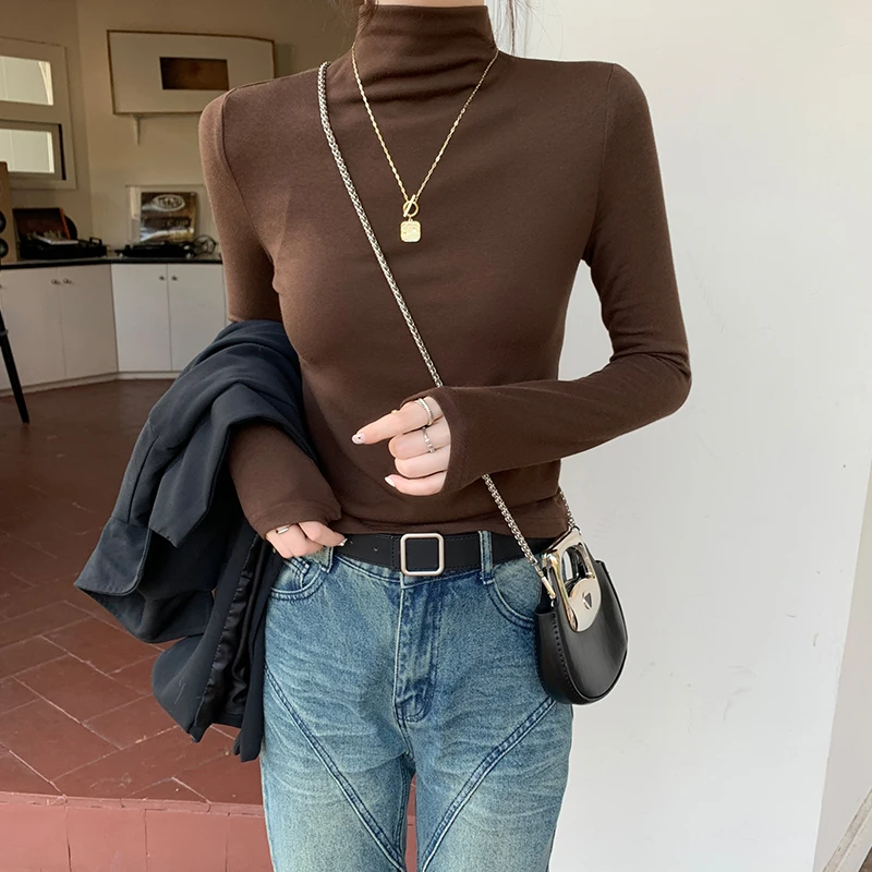 

Новинка осенне-зимняя Женская Базовая рубашка из модала с высоким воротником 2023 повседневные облегающие эластичные футболки с длинным рукавом женские модные блестящие Топы