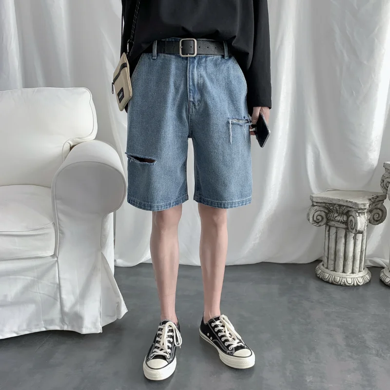 CUMUKKIYP Summer Men's Straight Denim Short Pants  Korean Fashion Casual Hole Baggy Youths Ripped Jeans Shorts