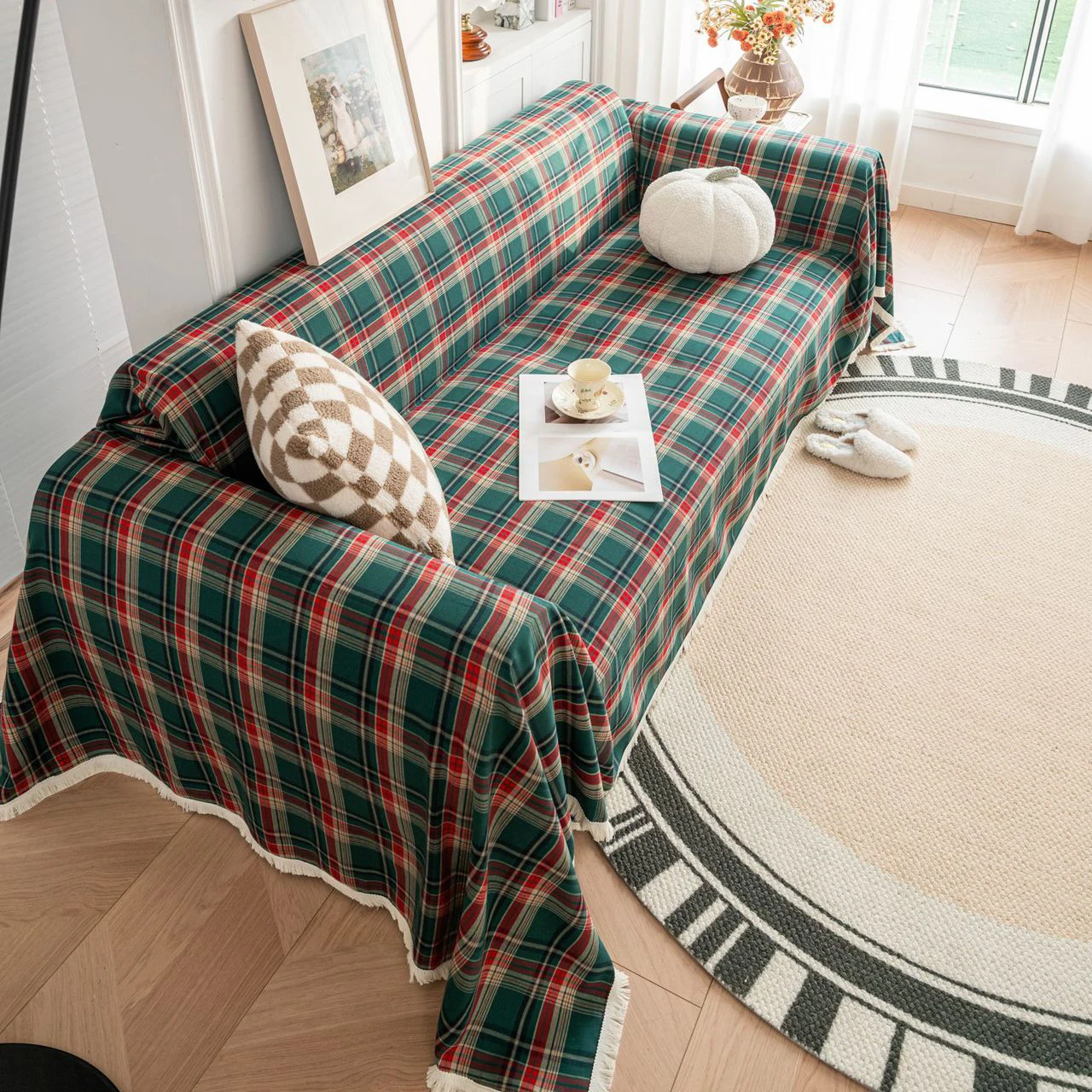 Sofa Towel with Full Coverage Ins Plaid Style Camping Blanket Sofa Cushion Cover All Season Universal Christmas Couch Decorate 6