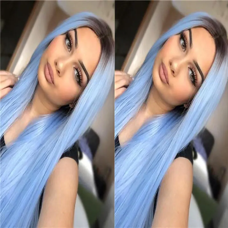 

Bombshell Black Ombre Blue Straight Glueless Synthetic 13X4 Lace Front Wigs High Quality Heat Resistant Fiber Hair For Women