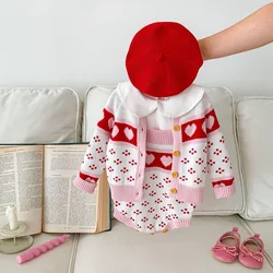 2023 Autumn Newborn Baby Girl Knitwear Clothes 0-3Years Kids Long Sleeve Heart Pattern Sweater Cardigan Knitted Romper Outwear