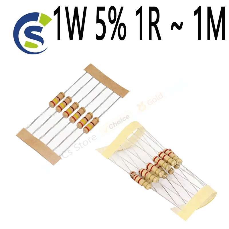 

100pcs/lot Carbon Film Resistor 2.2R 10R 22R 47R 51R 100R 150R 470R 1K 4.7K 10K 47K 1 2.2 10 22 47 51 100 150 470 1W 5% 1R ~ 1M