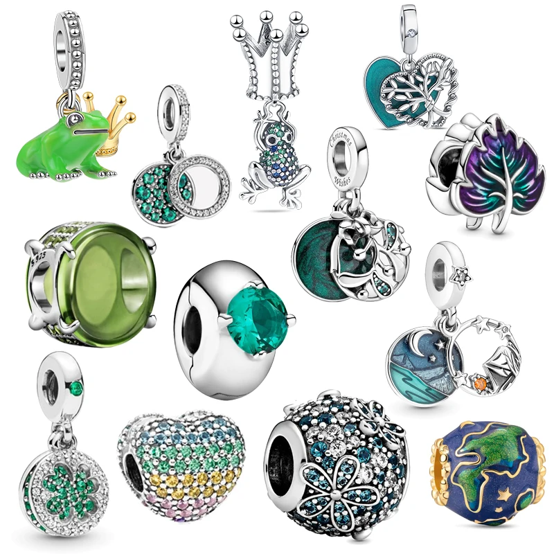 

925 Sterling Silver Green Series Frog Leaves Pendant DIY Charm Beads Fit Original Pandora Charms Bracelet Women Sparking Jewelry
