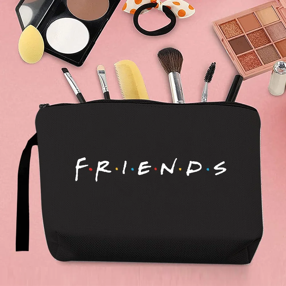 2024 ese Trend Women Cosmetic Bag Coin Clutch Bag Cute Friends Pattern Printing Portable Storage Travel Canvas Strap Black 3