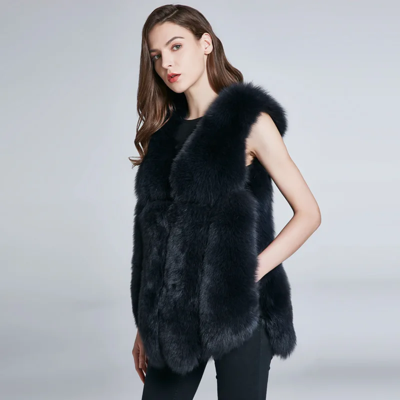 Fox Fur Grass Vest Women's Mid Length True Fur Grass Coat Sleeveless Autumn/Winter Warm Coat Women