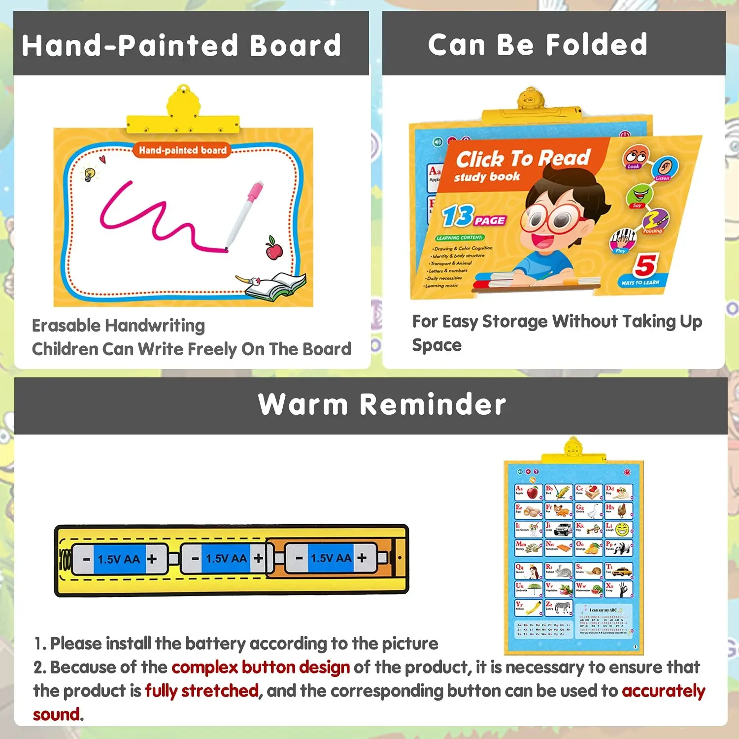 Electronic Interactive Alphabet Wall Chart Talking ABC 123s Animals Vegetables Fruits Body Shape Music Educational Posters Board 3