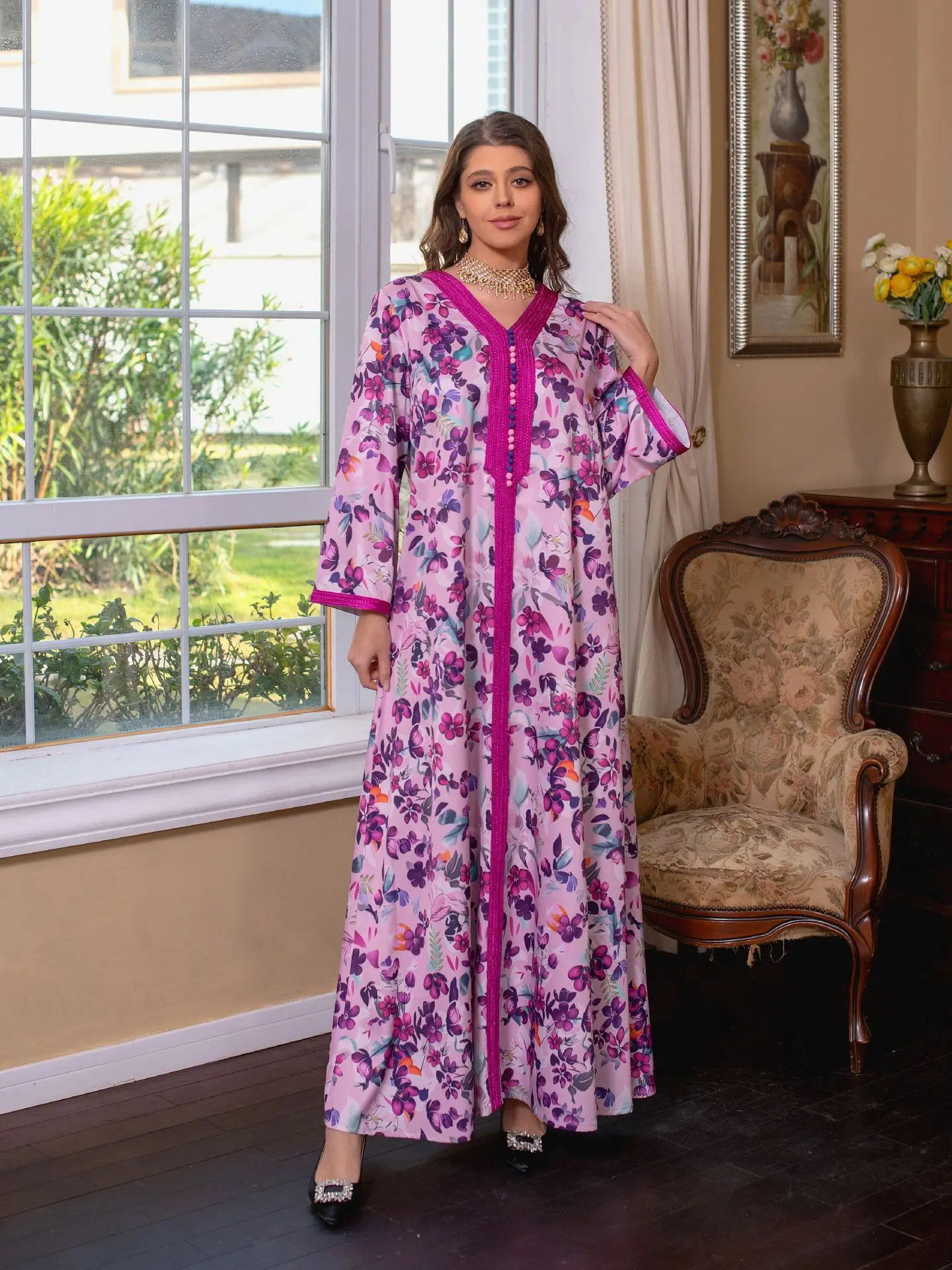 Ramadan Abaya Arabic Long Gulf Jalabiya Dress for Women Trim Floral Print Muslim Dresses Moroccan Kaftan Dubai Islamic Clothing