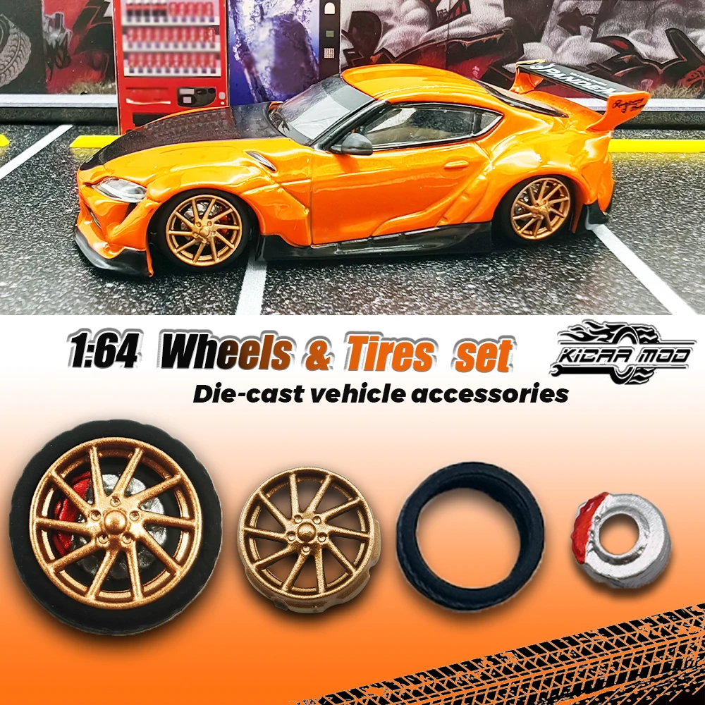 Kicarmod 1/64 Model Car ABS Wheels with Rubber Tire Brake Disc Refitting Parts Diameter 10mm For Model Car Tomica MINI GT