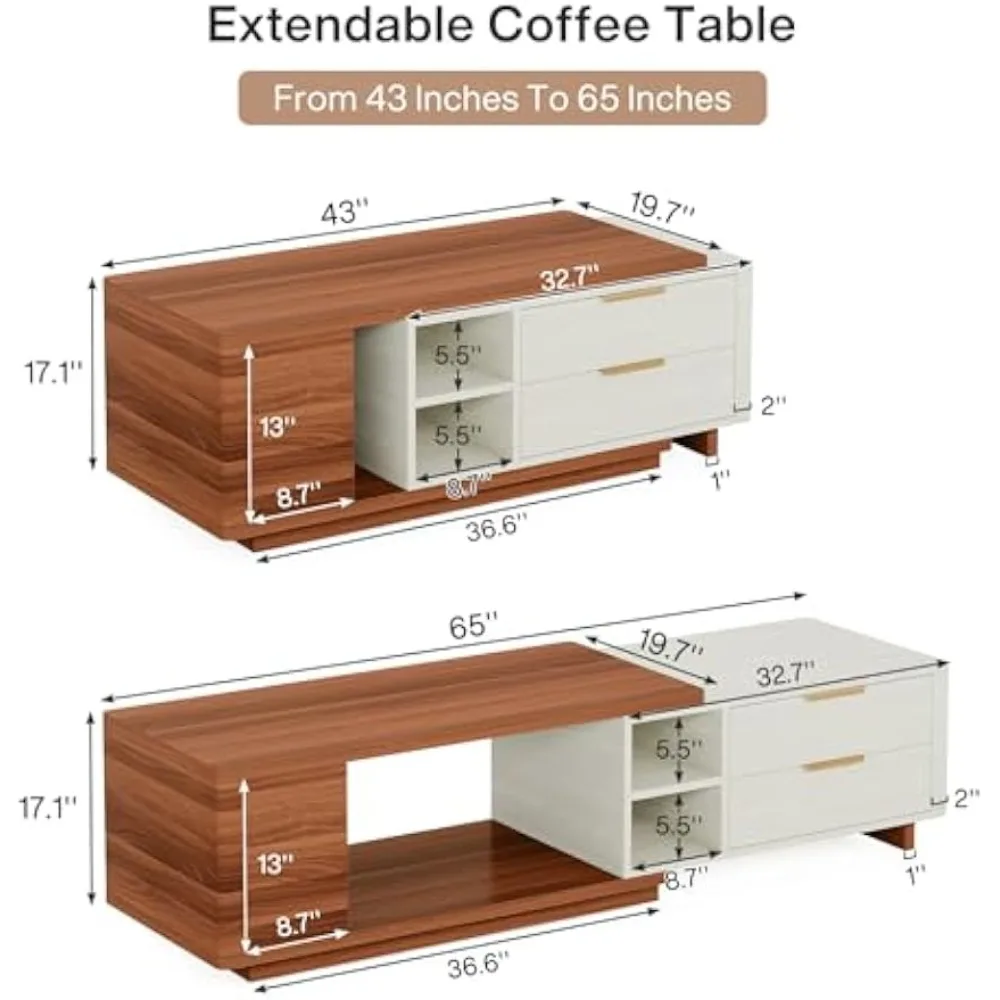 Extendable Wood Coffee Table with 2 Drawers, 43"-65" Length Adjustable Rectangular Dual-Tone Center Table with Storag 2