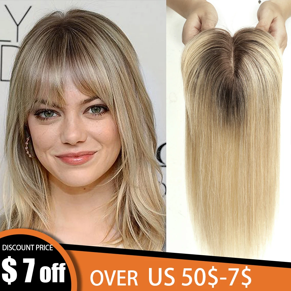100% Remy Human Hair Toppers with Bangs Silk Base Clip in Topper Top Hair in Extension for Women 10/12/14inch Ombre Blonde