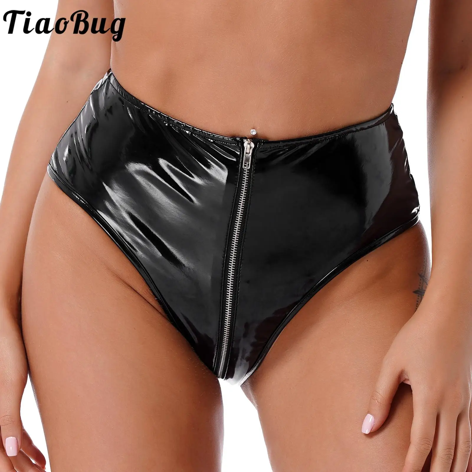 

Tiaobug Womens Open Butt Wetlook Black Patent Leather Front with Zipper Briefs High Waist Panties Lingerie Club Stage Costumes