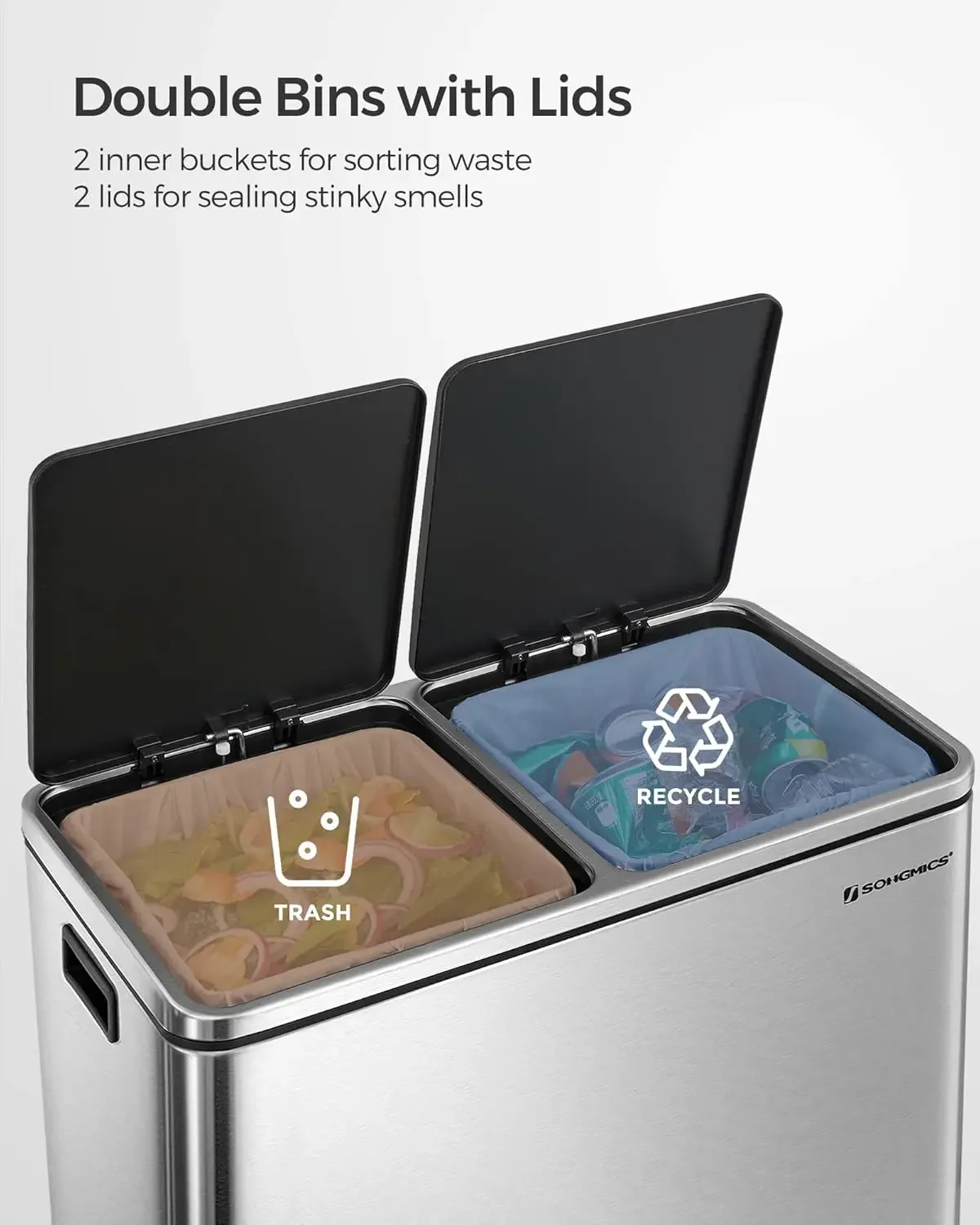 Trash Can, 2 x 8 Gallon (2 x 30 L) Garbage Can for Kitchen, with 15 Trash Bags, 2 Compartments, Plastic Inner Buckets and Hinged 3