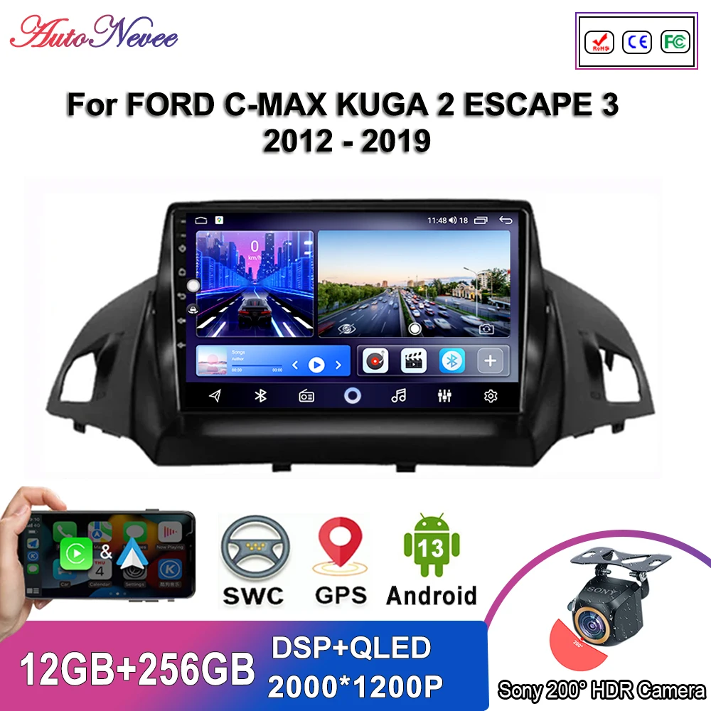 Android Car DVD For FORD C-MAX KUGA 2 ESCAPE 3 2012 - 2019 Auto Radio Multimedia Player Stereo Head Unit GPS Navigation No 2din