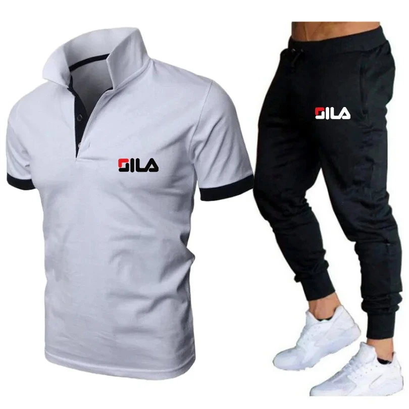 

Men's short sleeve slim fit polo set and long pants, cotton, lettering print, popular, stylish, summer, new, 2024