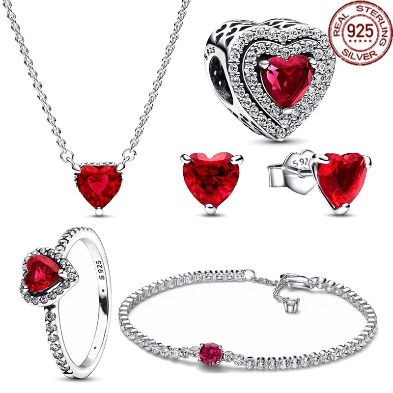 

Hot selling 925 Sterling Silver Sparkling Red Heart Series Set Exquisite Charm Jewelry Five Piece Set for Girlfriend