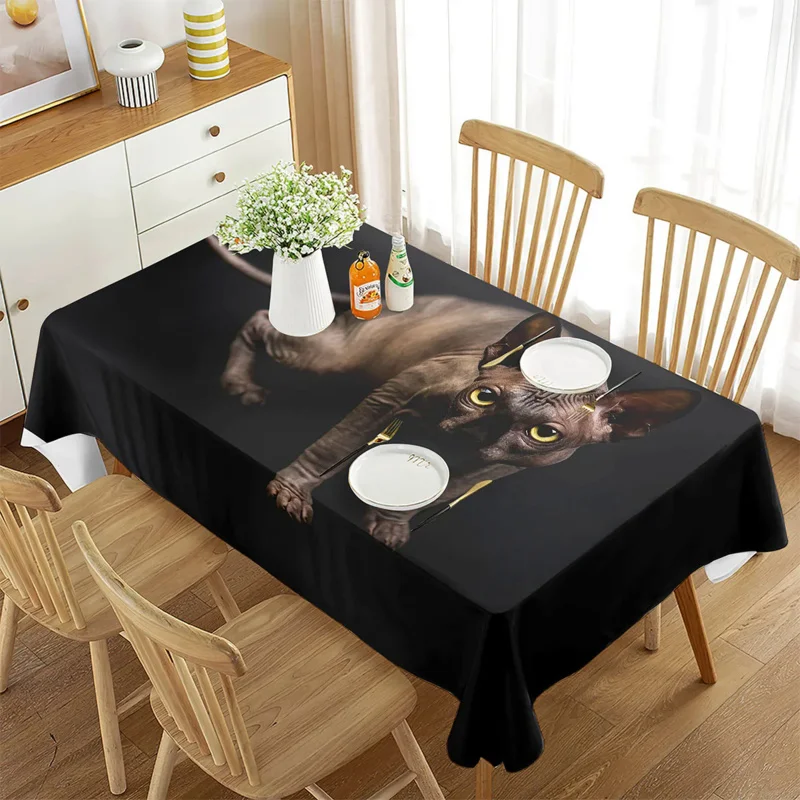 

Sphinx Cat Tablecloth, 3D Cats Cartoon Art Prints, Animal Design Rectangular BlackTable Cover for Dining Room Kitchen Decor