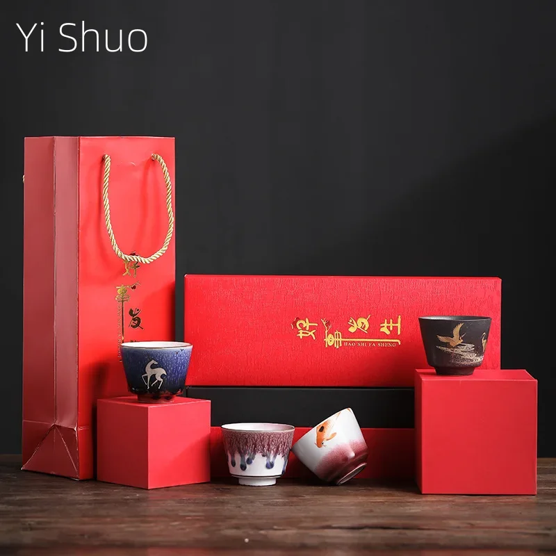 Japanese Style Handmade Kiln Baked Ceramic Cup 4 PCs Set Master Cup Personal Large Size Teacup Gift Box