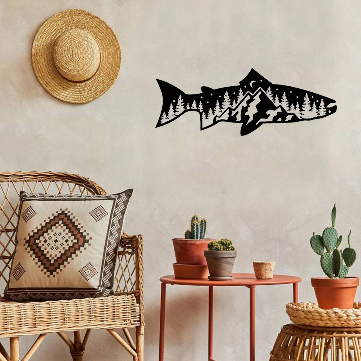 

Promotion Unique Mountain Forest Metal Wall Decor Fish Shape Home Decor for Home Modern Wall Art Sticker Mural Room Decor