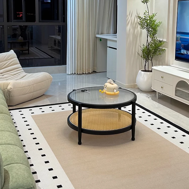 Nordic Lounge Japanese Side Table Solid Wood Rattan Coffee Living Room Glass Double-layer Apartment Round Meubles Furniture