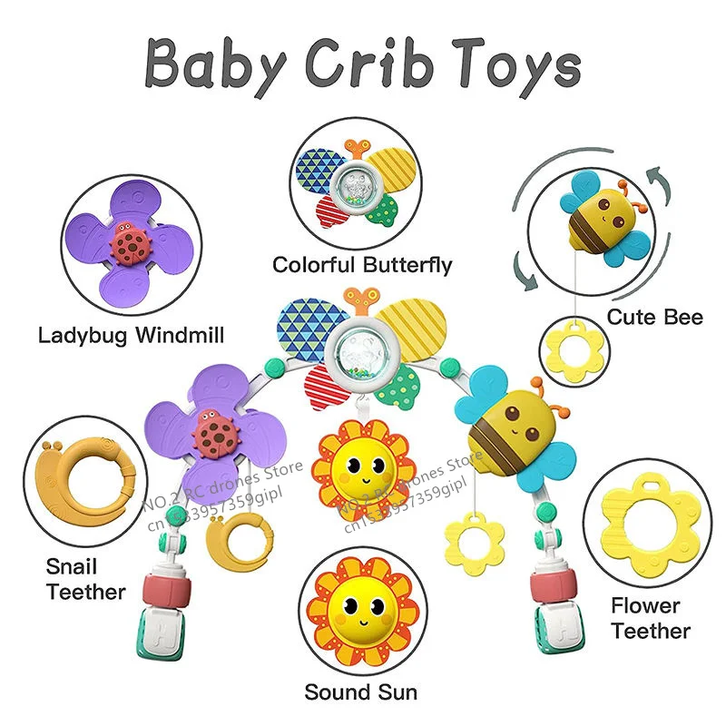Crib Hanging Bell Stroller Arch Clip Foldable Sunflower Baby Interactive Rainbow Toys Infant Grab Exercise for Son Daughter Gift 3