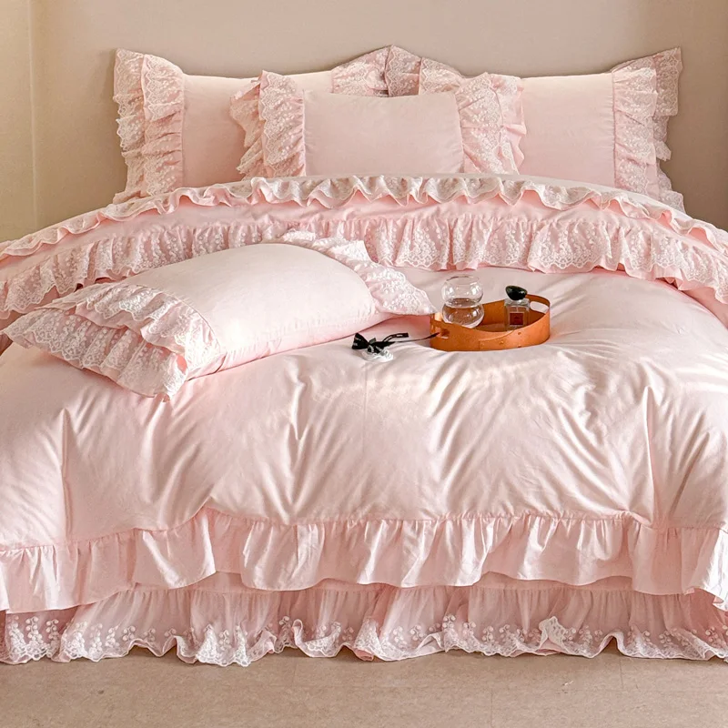 

Pink Lace Ruffles Korean Princess Style 100% Cotton Bedding Set Duvet Cover, 1.5M, 1.8M, 2M, Bed Skirt, Bedspread, Pillowcases