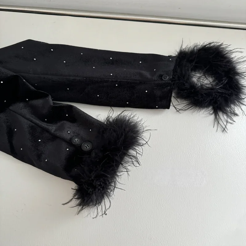 Flash Diamond Velvet Ostrich Feather Suit Jacket Women's Autumn  Winter Fashion Casual French High Street Quilted  Black Suits