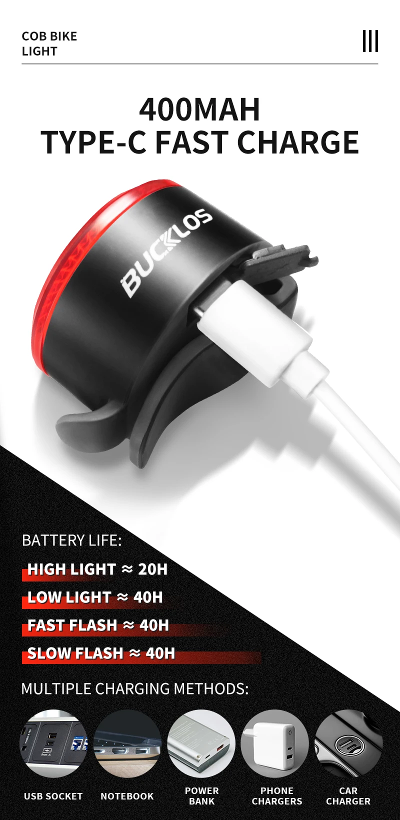 Bike COB LED Light USB Recharge Bicycle Headlight Taillight Super Bright Mountai