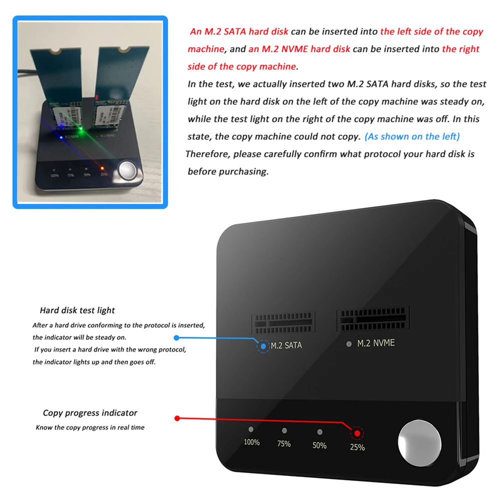 M.2 SATA/NVMe 듀얼베이 하드 디스크 복사기 오프라인 클론 하드 드라이브 도킹 스테이션 복제 장치 LED 표시등 포함 M.2 클로너
