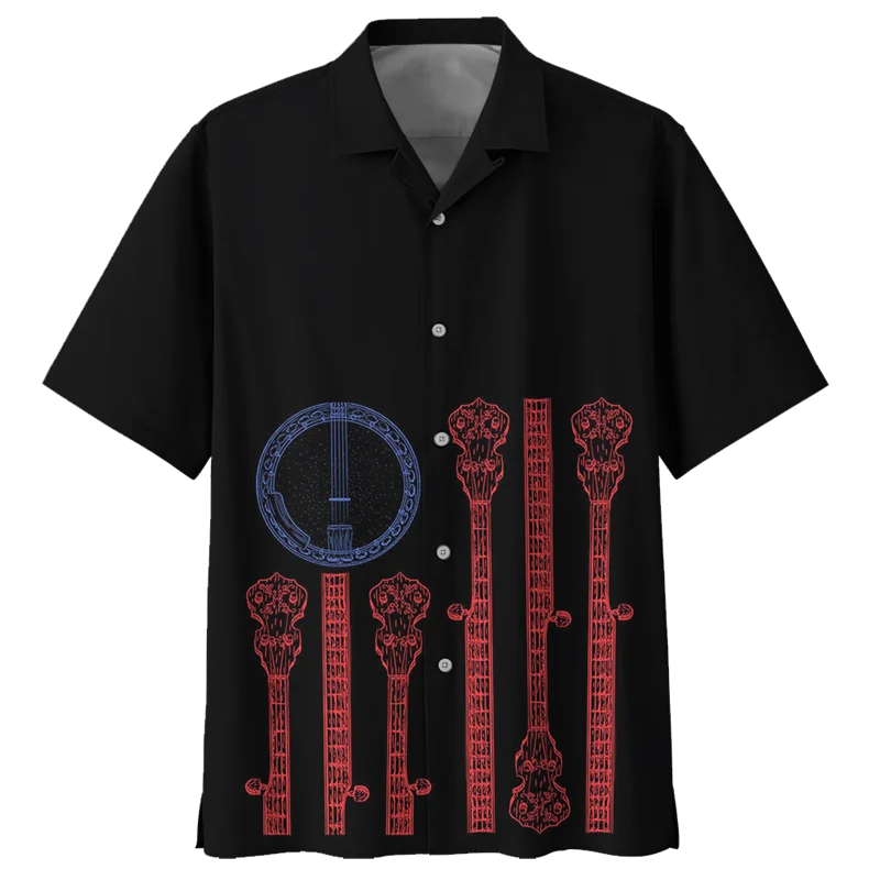 thumbnail image 1 of Camisa hawaiana con estampado 3D de guitarra de banjo para hombre, blusa con botones de instrumento musical, solapa suelta, manga corta, hawaiana, 1 of 5