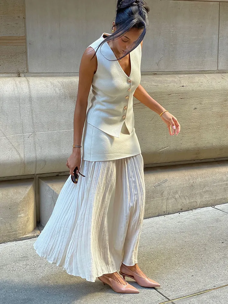 HH Women Fashion Knitted Vest Skirts Sets Single-Breasted V Neck Vests Tops Folded Splicing Midi Skirt Office Lady Suits