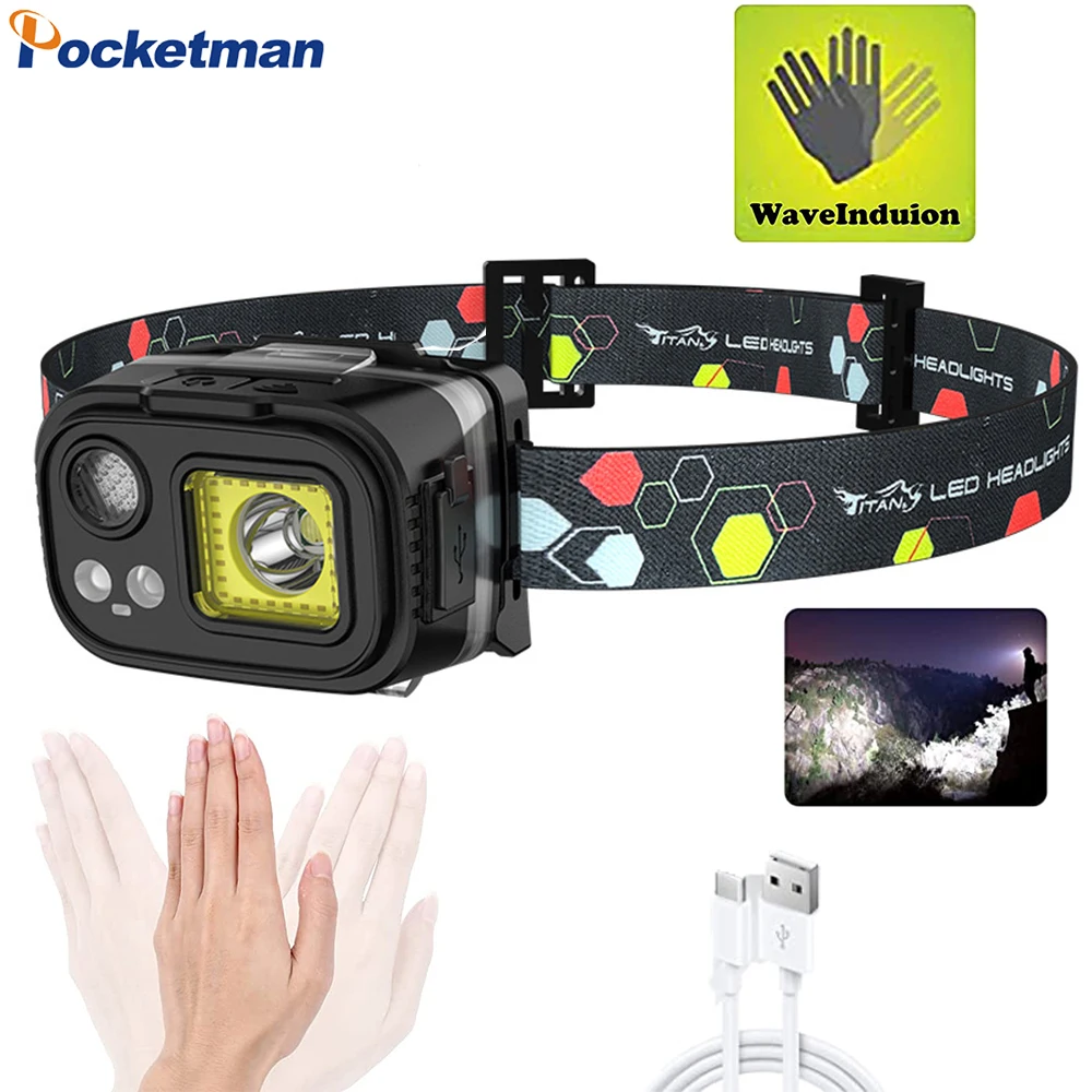 

Powerful LED+COB Headlamp Type-C USB Rechargeable Headlight IR Motion Sensor Head Lamp Waterproof Head Flashlight with Battery