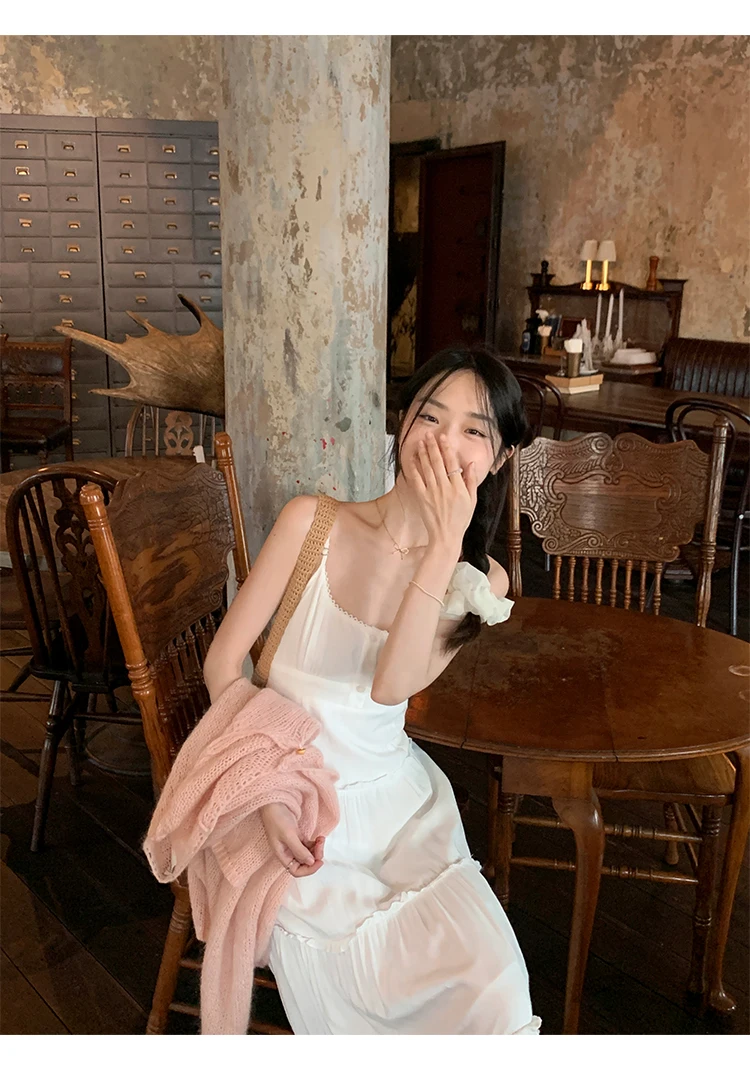 French Elegant Dresses for Women Solid Spaghetti Strap Summer New Ruffles A-line Casual Korean Chic Midi Vestidos Mujer