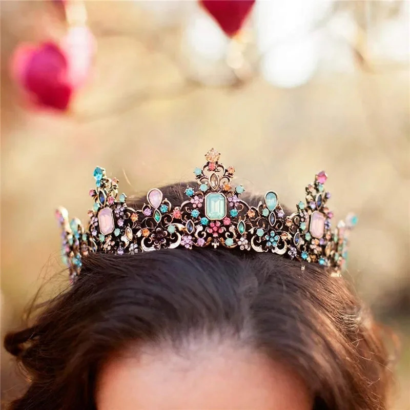 New Baroque Bride Pageant Crown Retro Luxury Bridal Hair Accessories Colorful Round Rhinestone Hair Crown