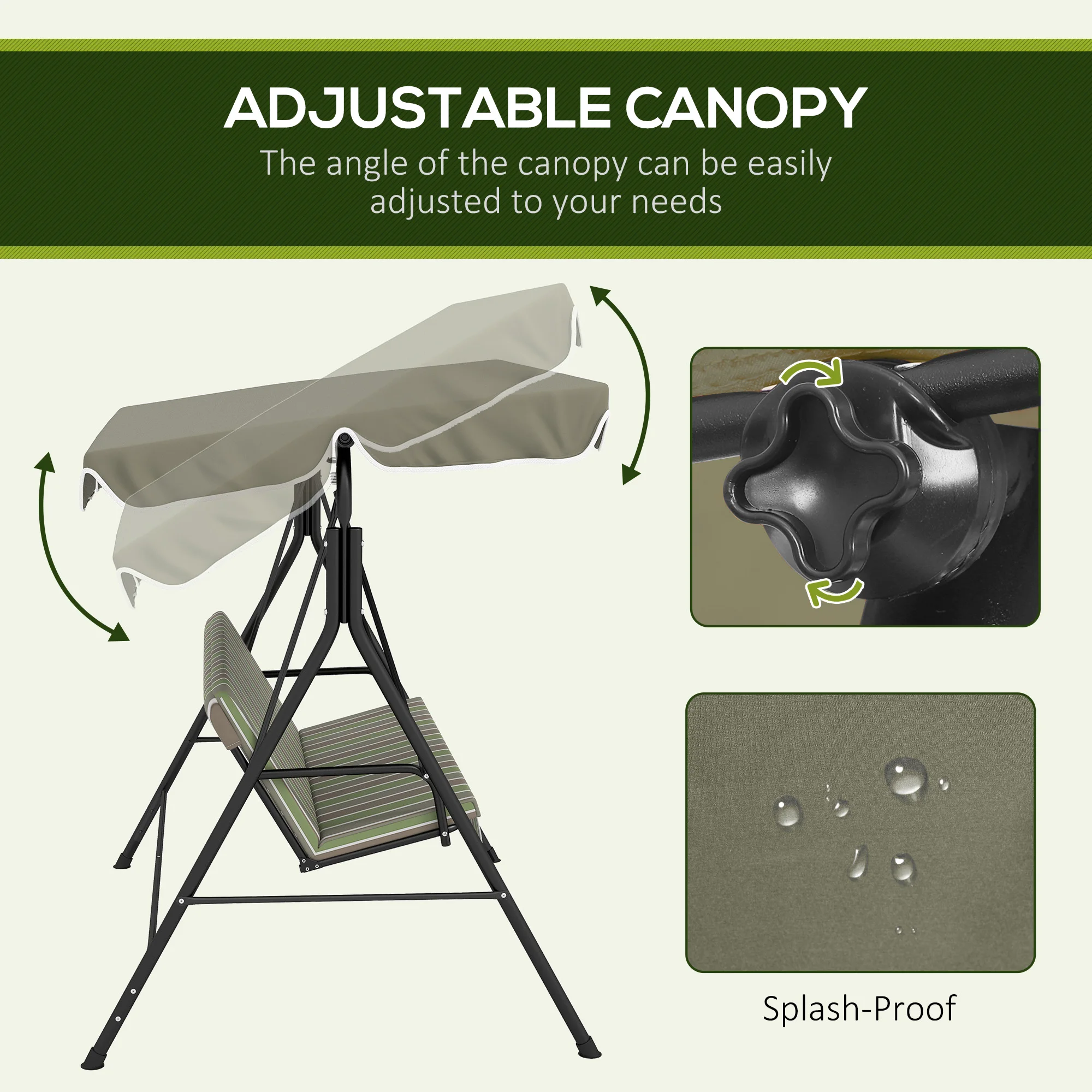 3-Seat Outdoor Patio Swing W/ Canopy & Cushion, Beige & Green 4