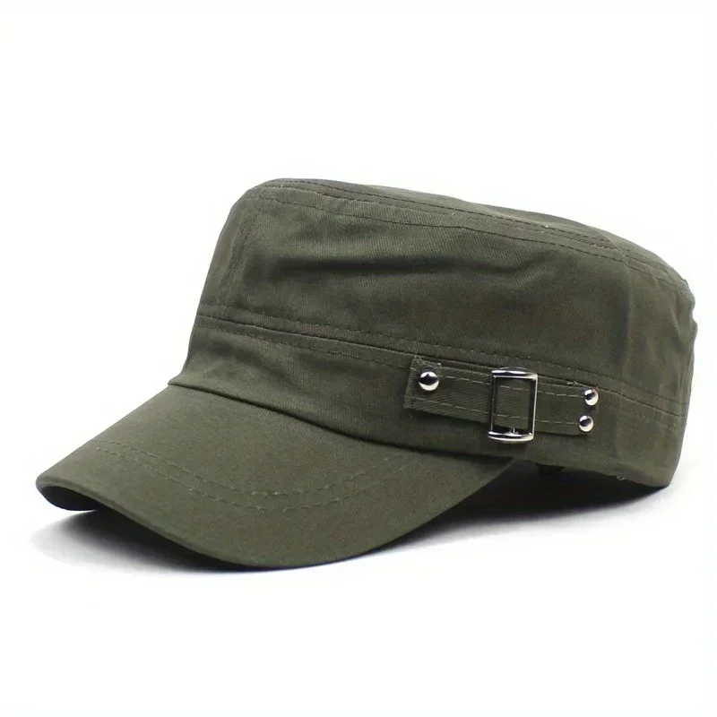 Simple Retro Military Cap Silver Metal Side Button Baseball Cap Cotton Short Eave Flat Top Solid Color Adjustable Sun Hat