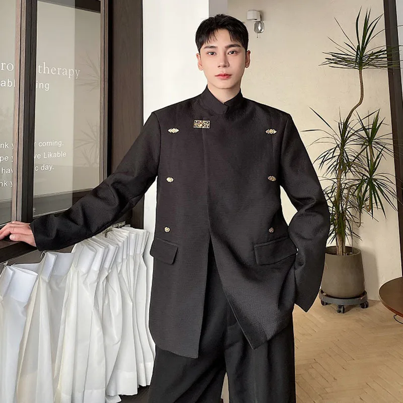 

SYUHGFA New Chinese Standing Collar Blazers Trend Men's Metal Button Suit Coat Personality Vintage Casual Jacket Tide Autumn