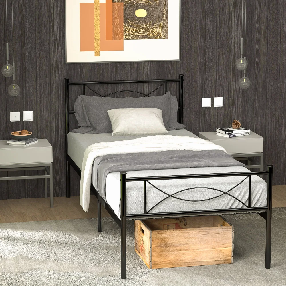 

Metal Bed Frame Mattress Foundation with Headboard and Footboard