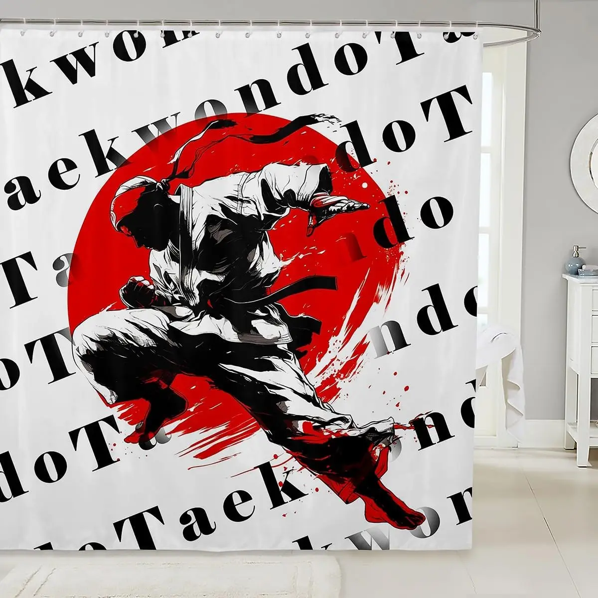 ม่านกั้นอาบน้ำลายเทควันโด ม่านกั้นอาบน้ำสไตล์ญี่ปุ่น ชุดม่านกั้นอาบน้ำสำหรับเด็กชายและเด็กหญิง ลายภาพวาดหมึกกีริมิแบบกีฬา ม่านกั้นอาบน้ำลายภาพวาดสีน้ำ 1