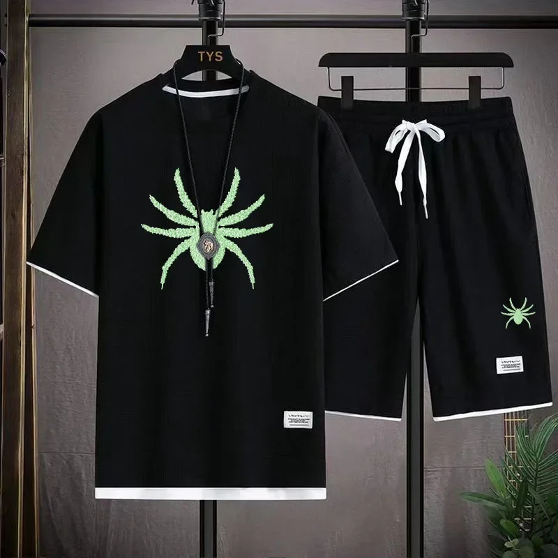 thumbnail image 1 of Conjunto deportivo informal de marca de moda de verano para hombre con pantalones cortos holgados de manga corta y cuello redondo, conjunto de dos piezas con diseño de gofre, conjunto de versión corea, 1 of 5