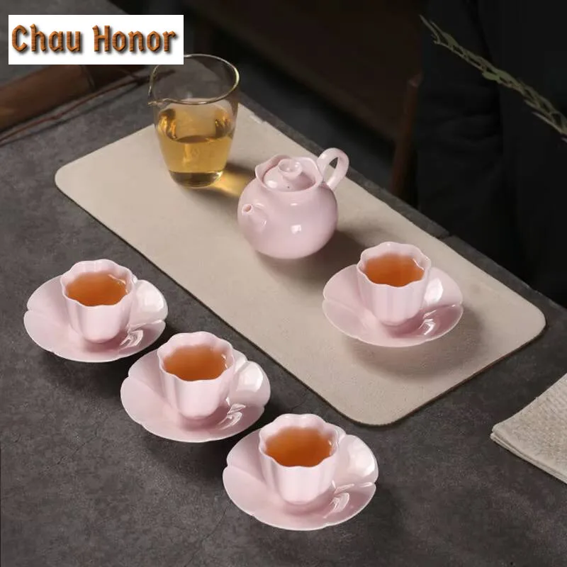 4pc/set Boutique Jade Mud Cherry Blossom Powder Teacup Tea Bowl Set of Cups Tea-tasting Smelling Cup Jianzhan Master Cups Teaset