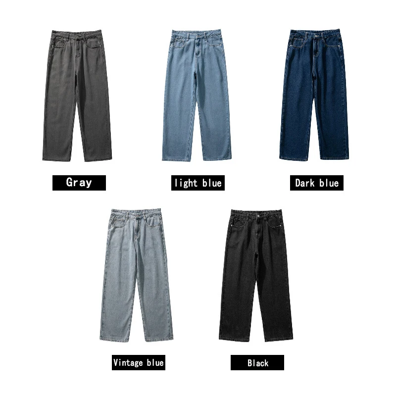 2023 Korean New Fashion Men's Baggy Daily Jeans Classic Unisex Straight Casual Denim Wide-leg Hip Hop Black Pants Vintage Blue