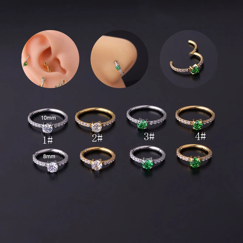 

1Pcs Stainless Steel Nose Ring Earrings Green Zircon Helix Piercing Goth Jewelry Daith Conch Hinged Segment Clicker Nose Septum