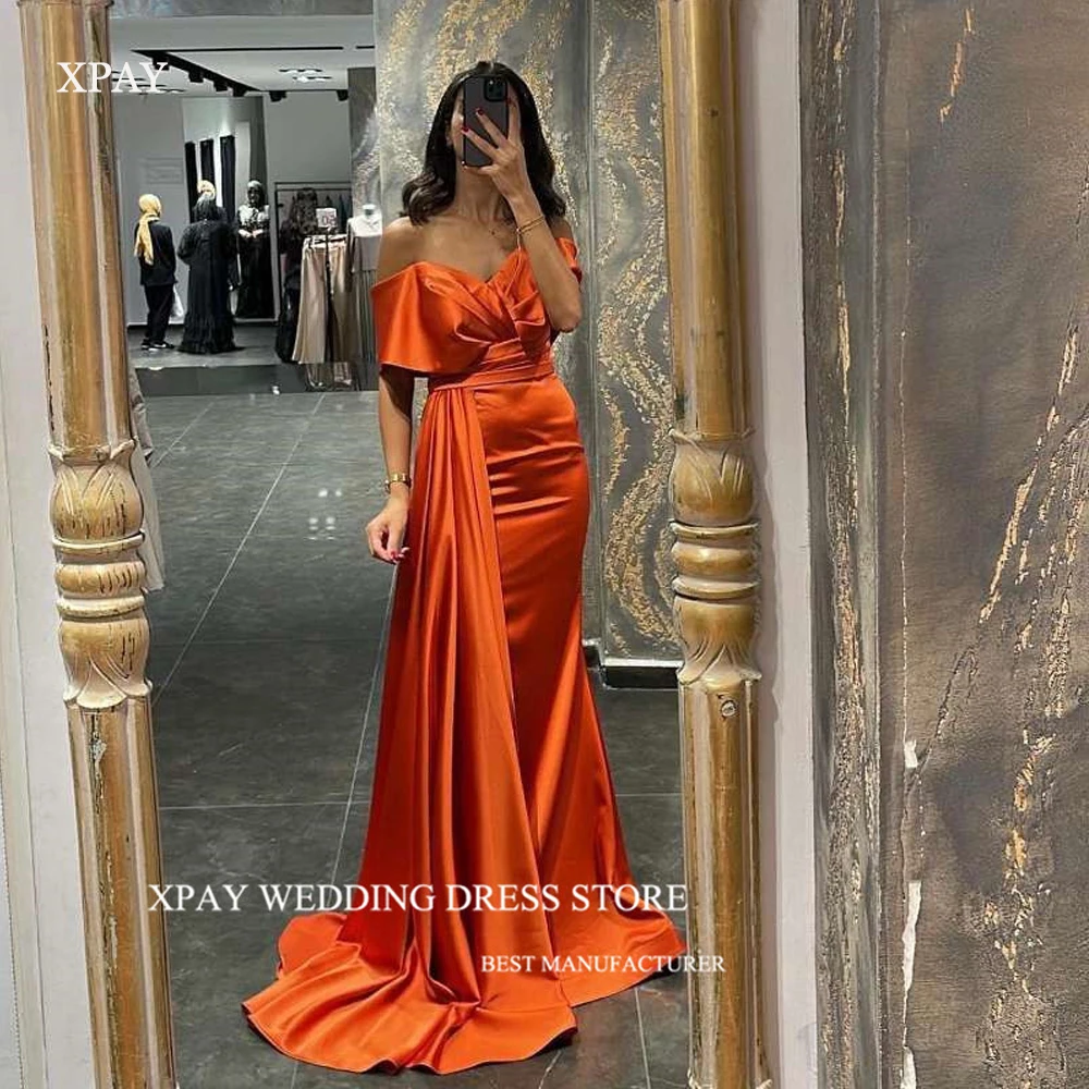 

XPAY Sexy Off the Shoulder Silk Satin Evening Dresses Arabic Women Sleeves Detachable Train Prom Gowns Formal Party Dress