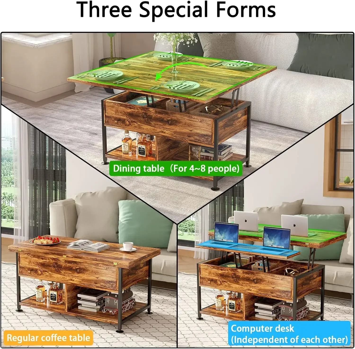Lift Top Coffee Table,4 in 1 Multi-Function,Modern Lift Tabletop Dining Table for Living Room Reception/Home Office,Rustic Brown 5