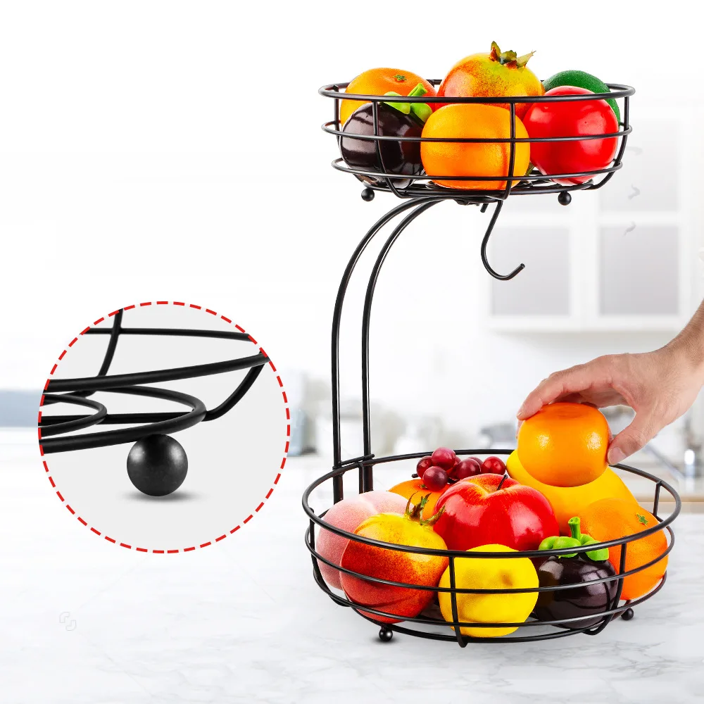 2-Tier Fruit Basket, Metal Fruit Bowl, Bread Baskets, Fruit Holder, Large Fruit Stand Organizer With Banana Hanger, Black 3