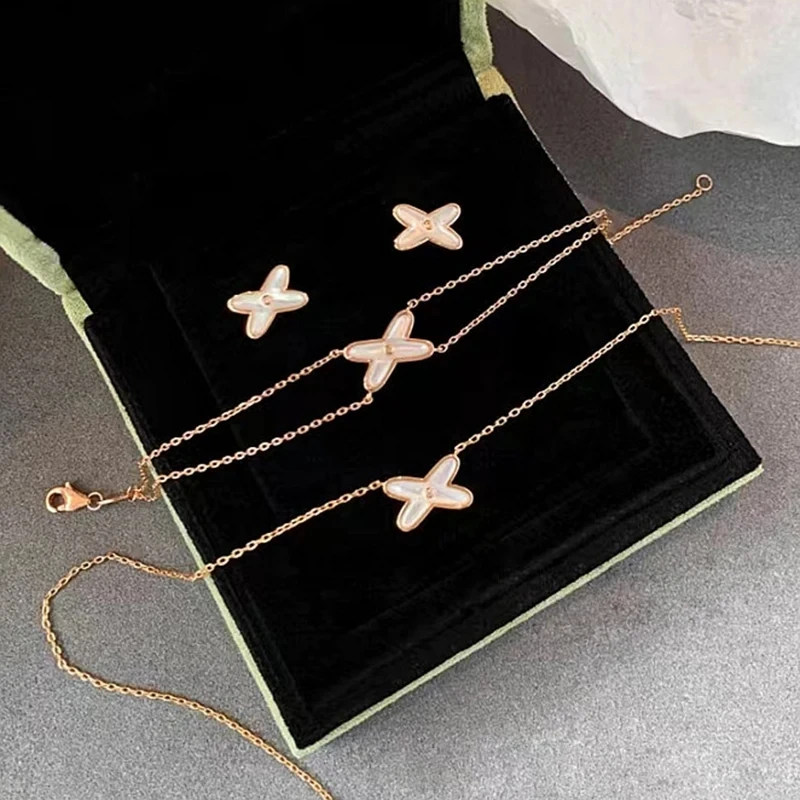 

Classic 925 Sterling Silver White Shell Crossover Earrings Bracelet Necklace Sets For Women Fashion Brand Wedding Jewelry