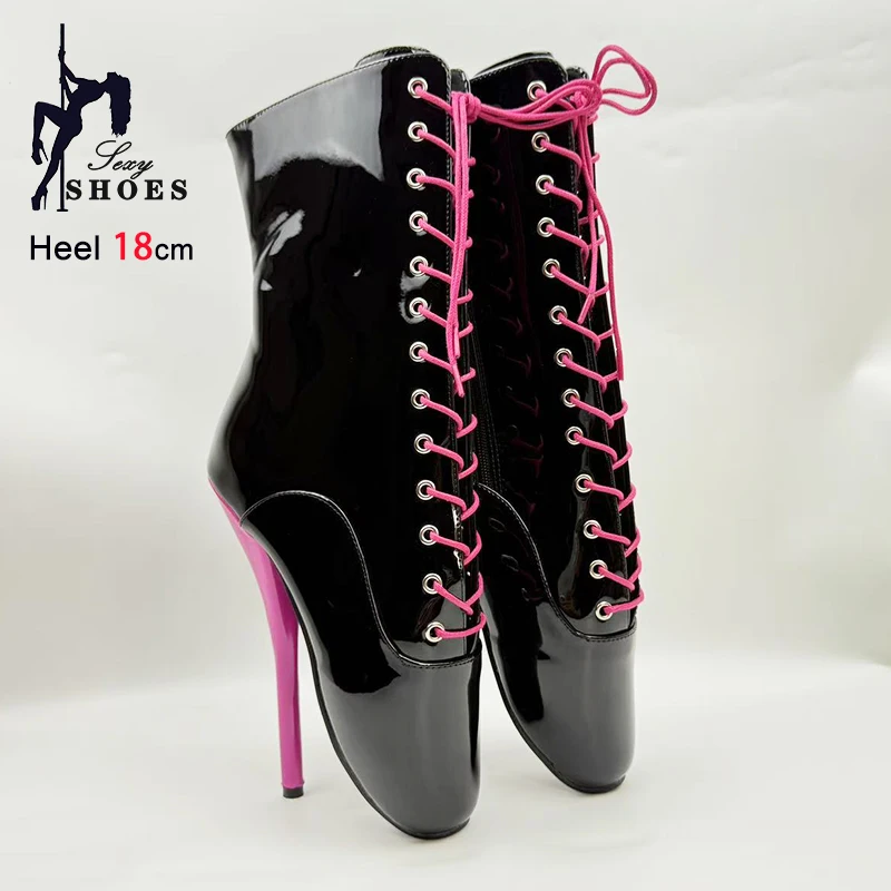 Big Size 36-46 Stiletto Pink Lace-up Ballet Boots 18CM/7'' Ultrahigh Heels Women Sexy Short Boots Extreme high heel Fetish Shoes