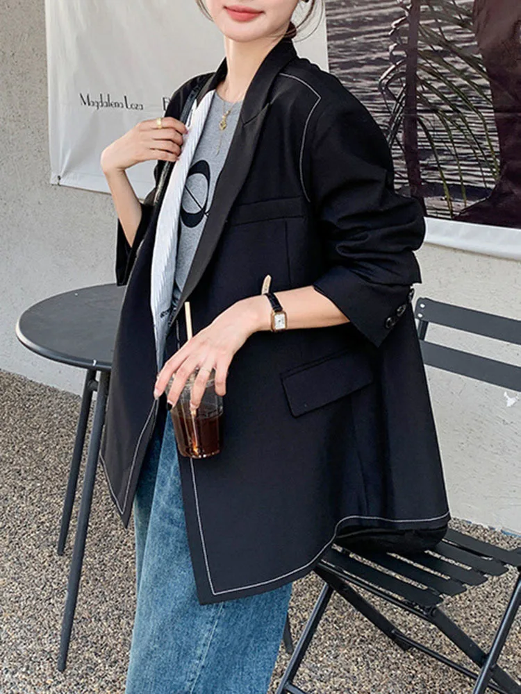 BZVW Black Asymmetric Contrasting Color Blazer For Women Jacket 2023 Autumn New Versatile Designer Suit Jacket Female 25X5001